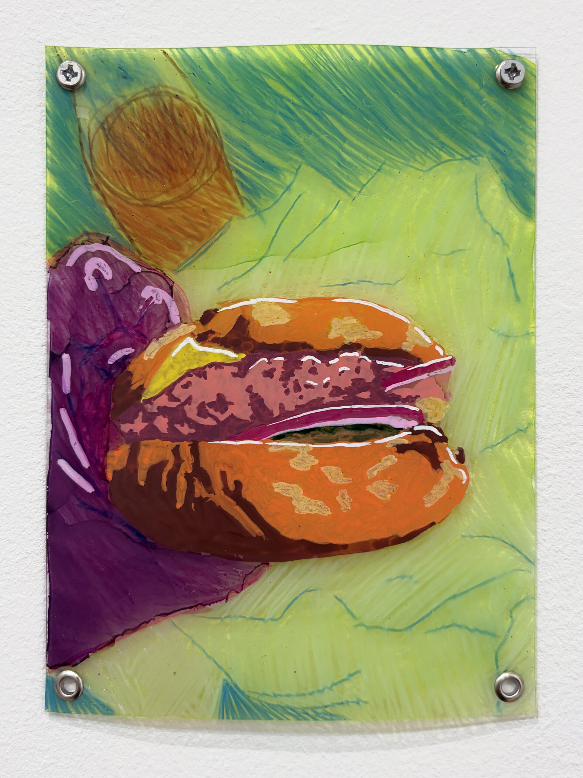 "Bon appétit", technique mixte sur plastique, 15x11cm, 2026