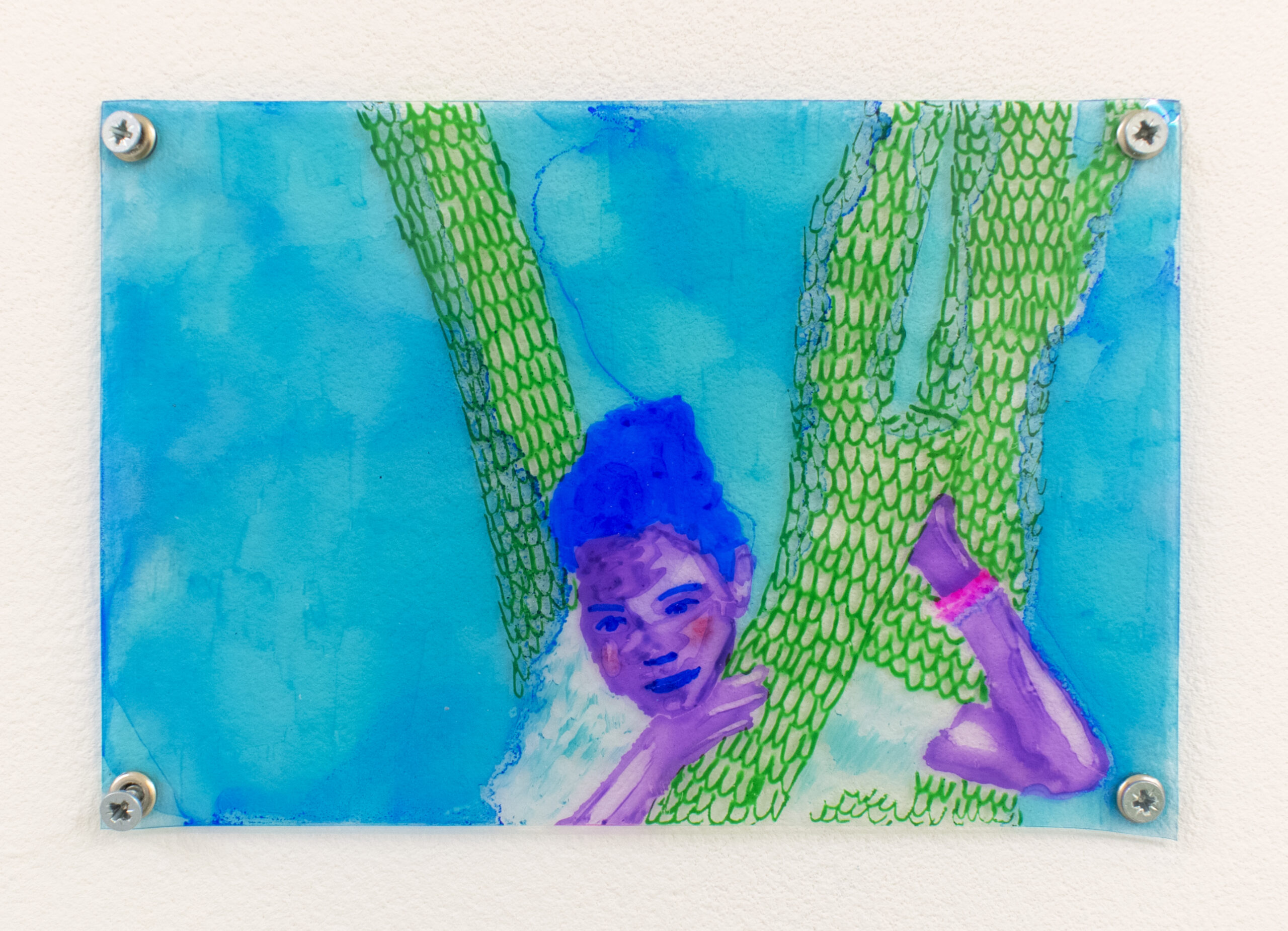 "Coucou encore", technique mixte sur plastique, 10x15cm, 2025