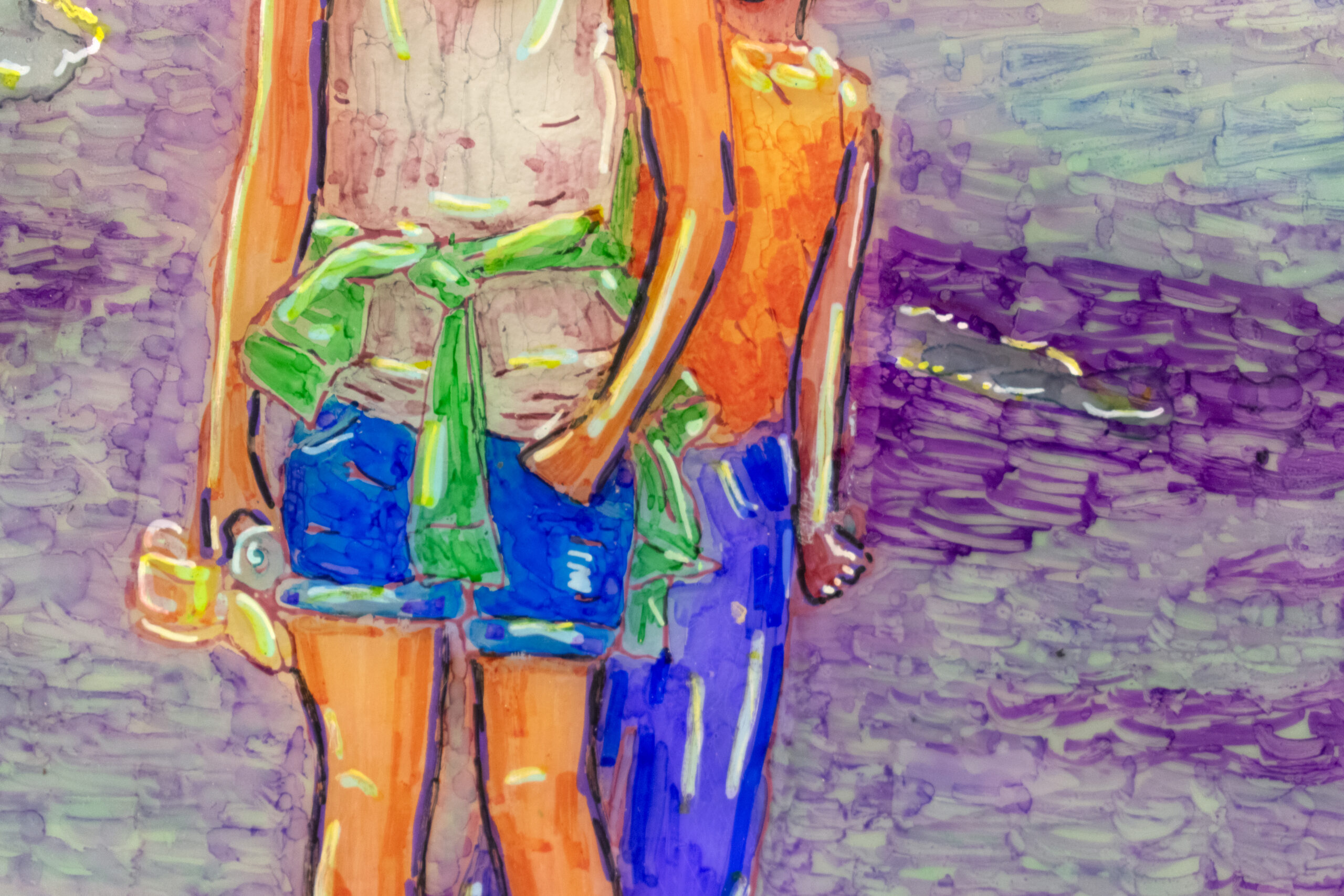 Détail de "Petit cousin (Rokas Matas)", technique mixte sur plastique, 28x18cm, 2026