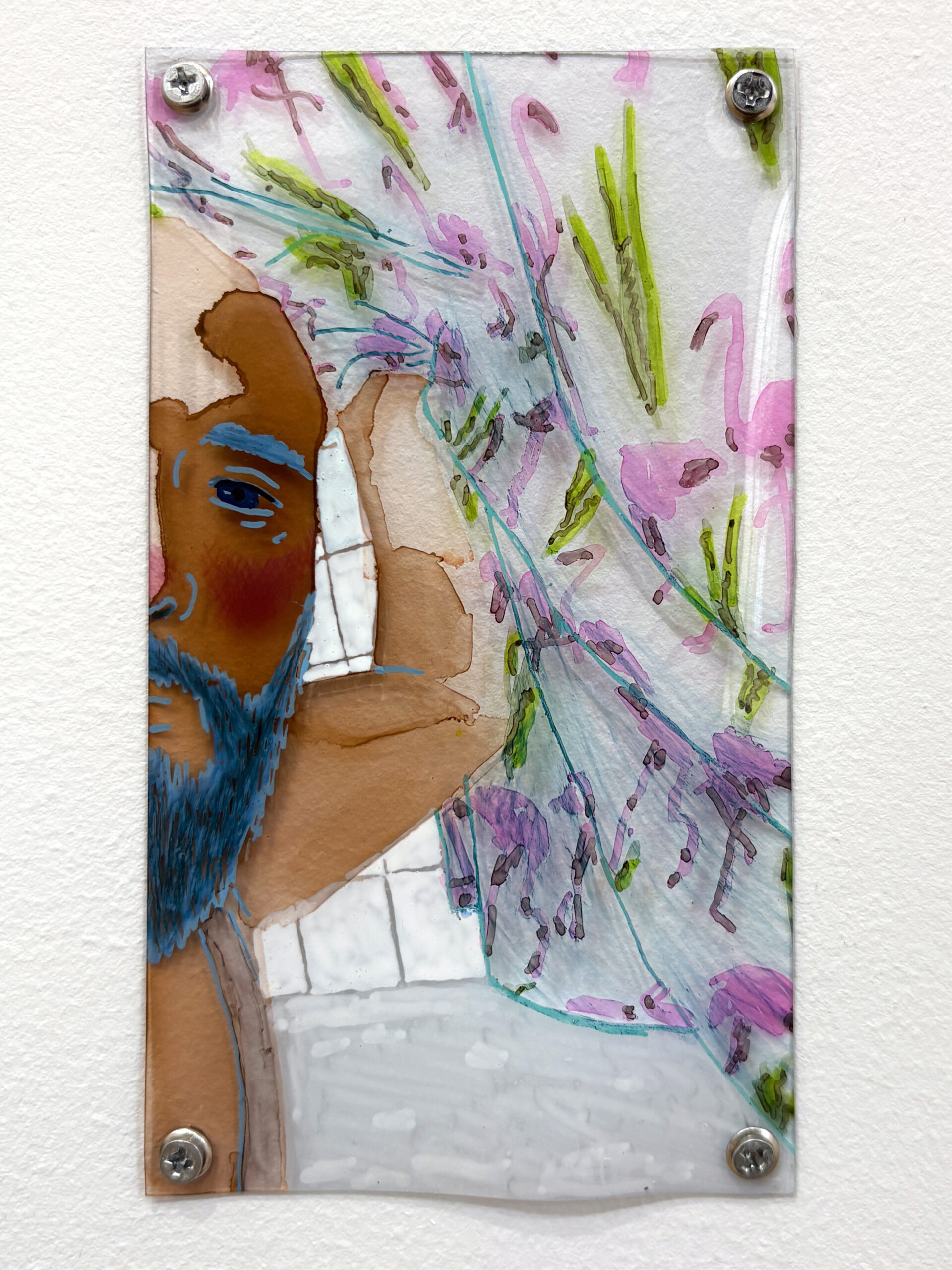 "Flamingos", technique mixte sur plastique, 15x8.5cm, 2026