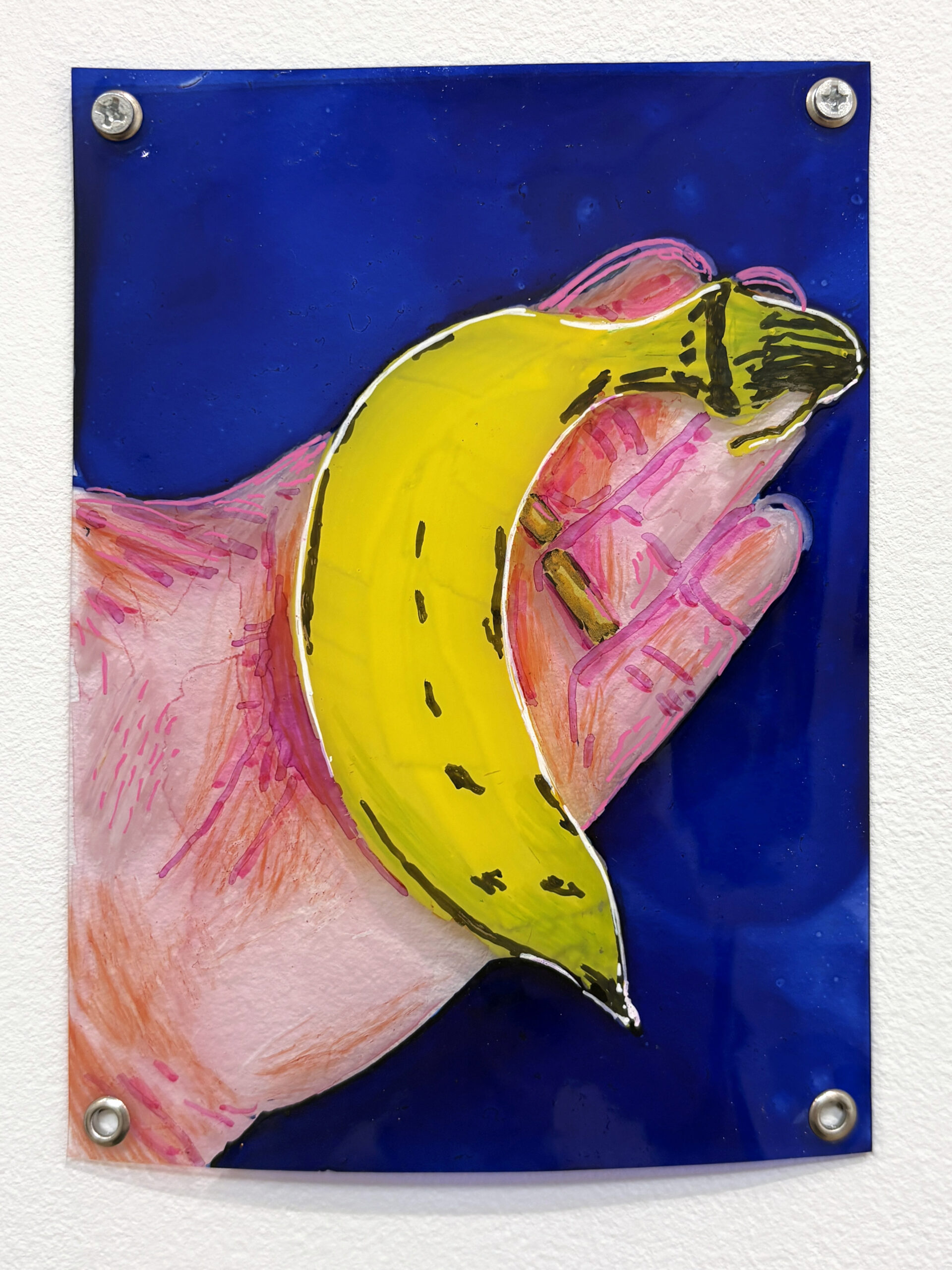 "Look, a mini banana !" , technique mixte sur plastique, 15x11cm, 2026