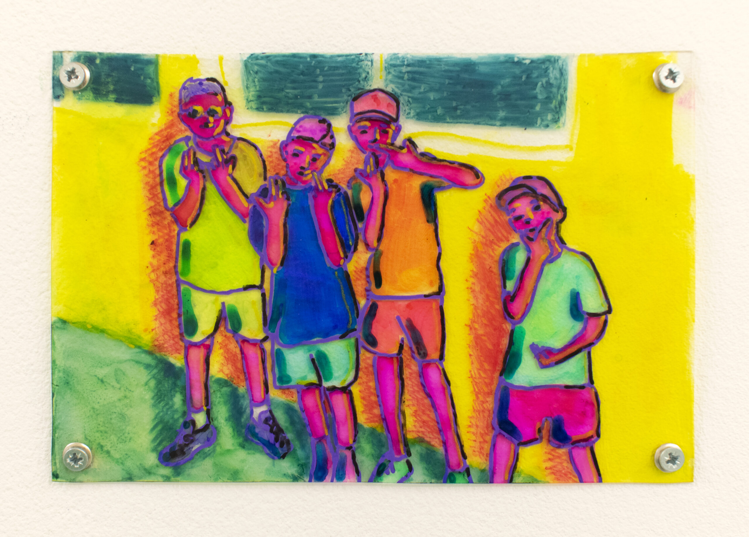 "Nous sommes là 2", technique mixte sur plastique, 10x15cm, 2025