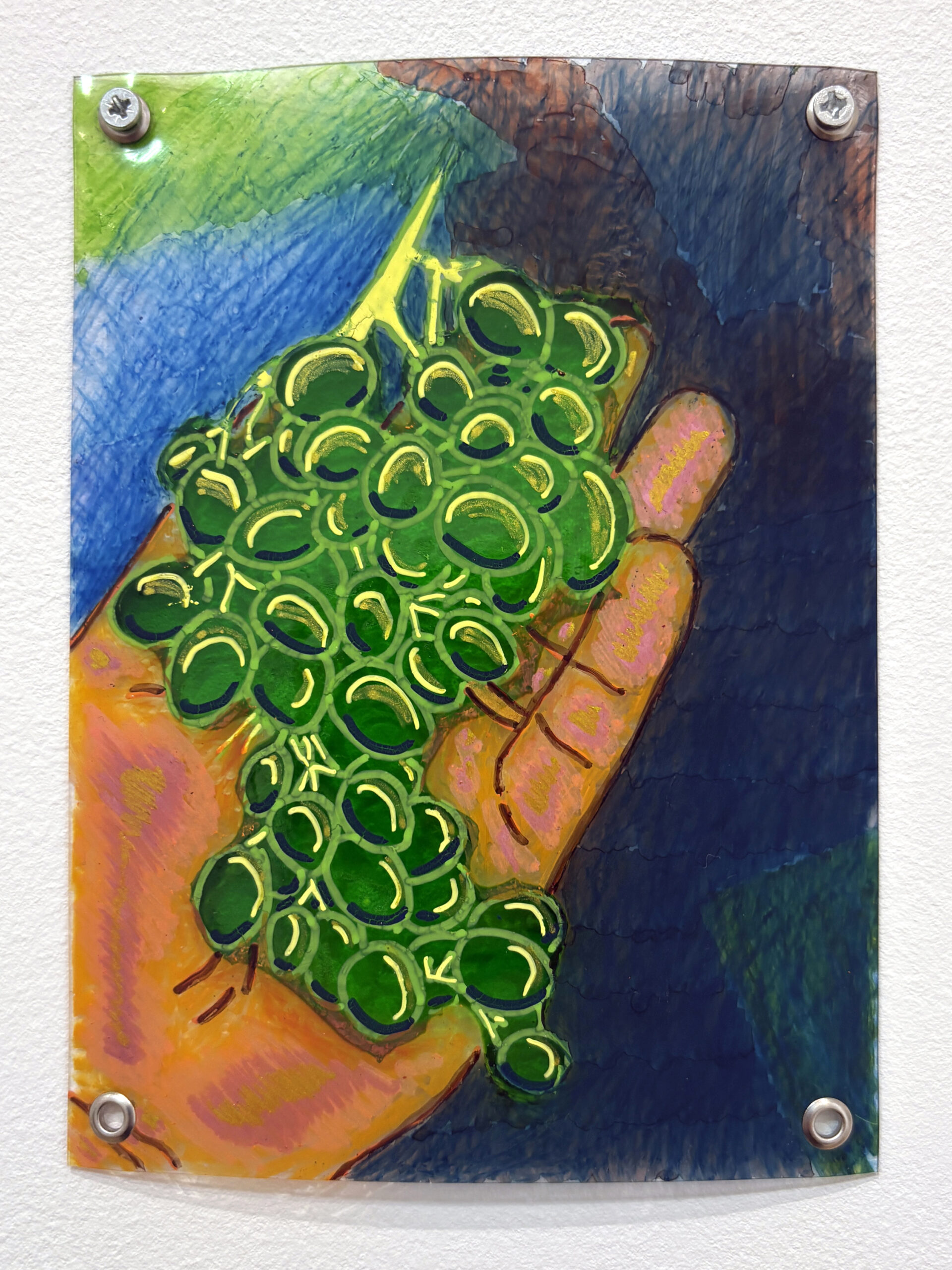 "Raisins", technique mixte sur plastique, 15x11cm, 2026