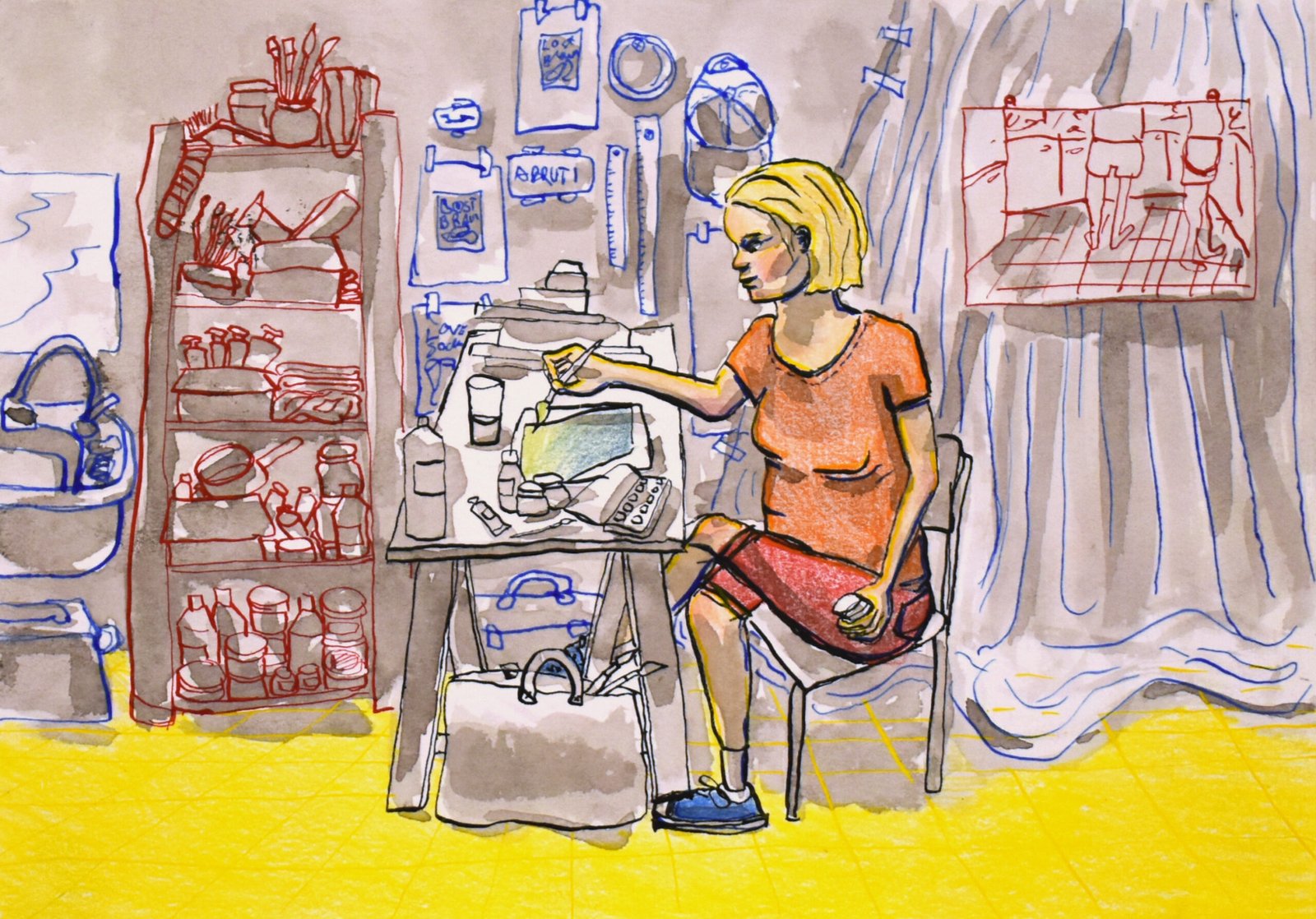 “À l’atelier”, technique mixte sur papier, 14,8 x 21 cm, 2022