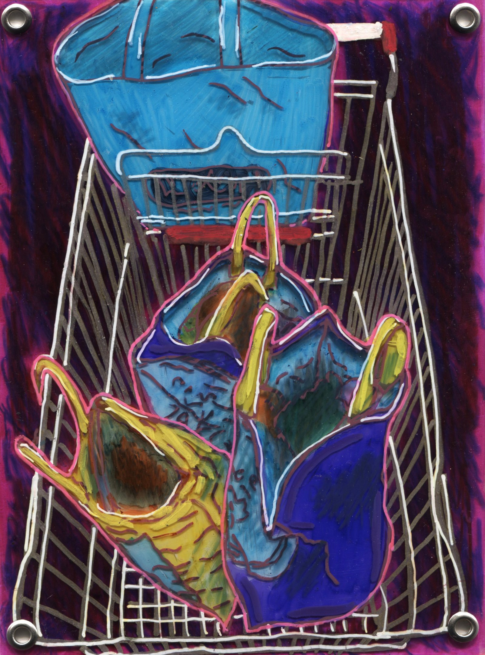 “J'ai fait les courses”, technique mixte sur plastique, 15 x 11 cm, 2026
