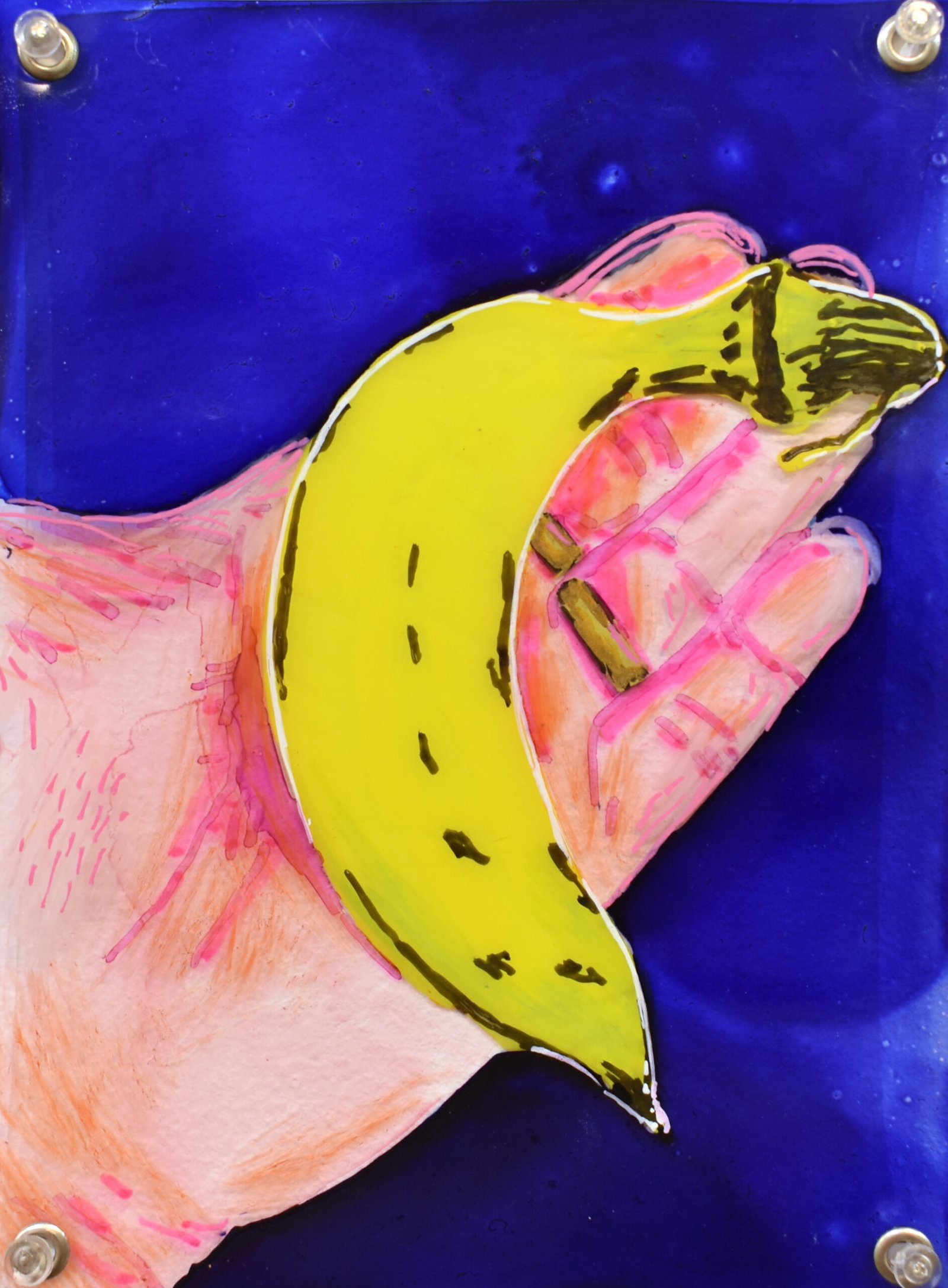 “Look, a mini banana !”, technique mixte sur plastique, 15 x 11 cm, 2026