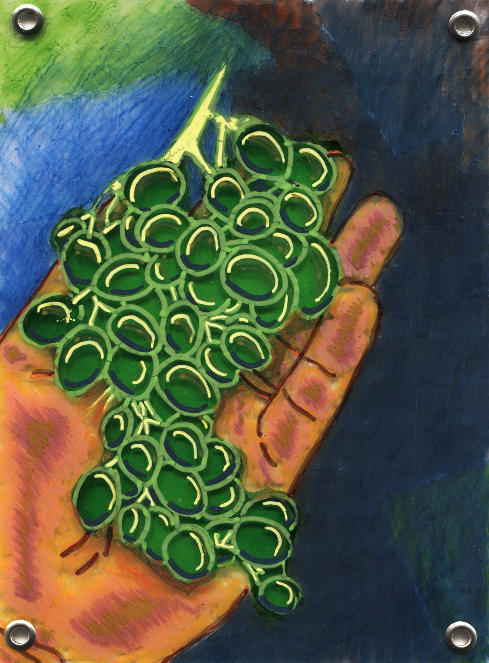 “Raisins”, technique mixte sur plastique transparent, 15 x 11 cm, 2026