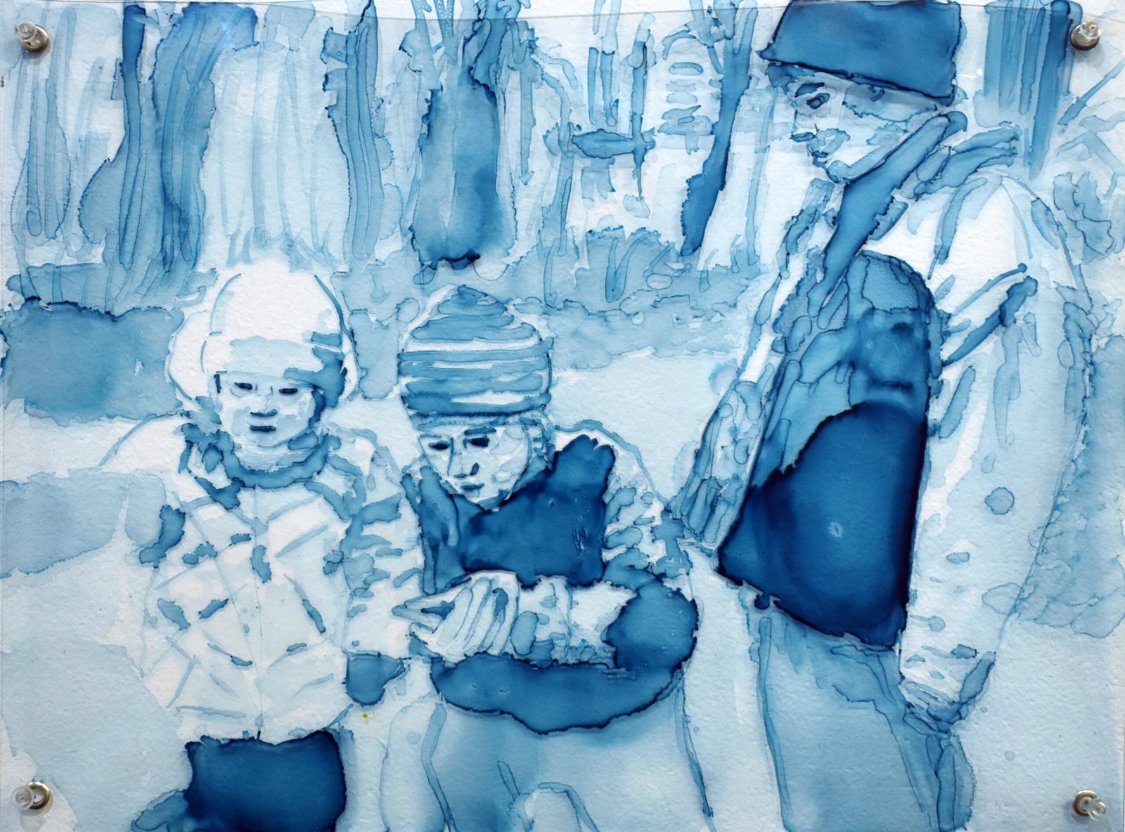“Trois cousins”, encre sur plastique, 20 x 27 cm, 2026