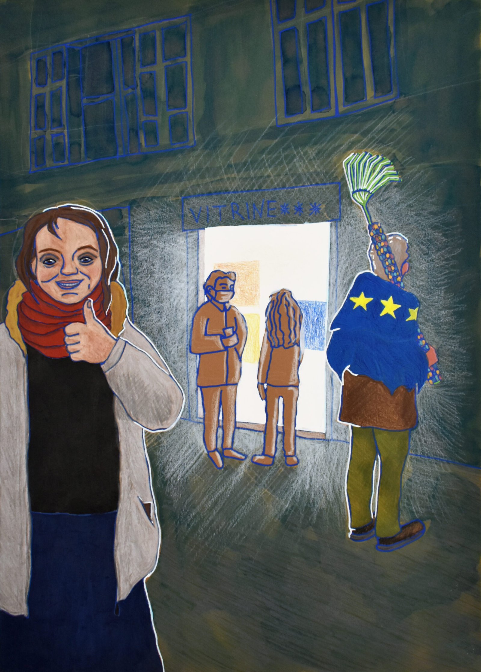 “Vernissage”, technique mixte sur papier, 35 x 25 cm, 2022